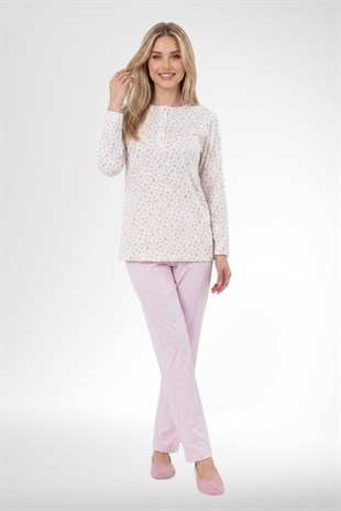 Mecit 6397 Pembe Kadın Uzun Sabahlıklı Pijama Takımı