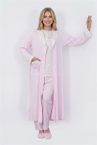 Mecit 6397 Pembe Kadın Uzun Sabahlıklı Pijama Takımı
