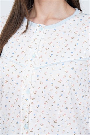 Mecit 6398 Mavi Kadın Uzun Sabahlıklı Boydan Düğmeli Pijama Takımı