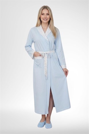 Mecit 6398 Mavi Kadın Uzun Sabahlıklı Boydan Düğmeli Pijama Takımı