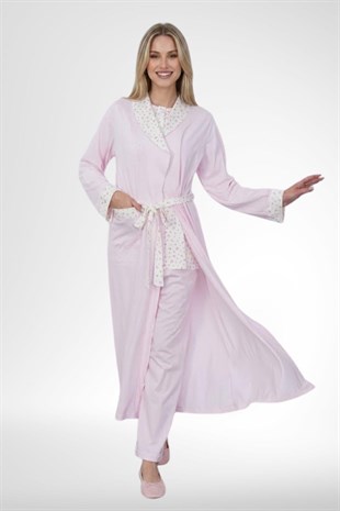 Mecit 6398 Pembe Kadın Uzun Sabahlıklı Boydan Düğmeli Pijama Takımı