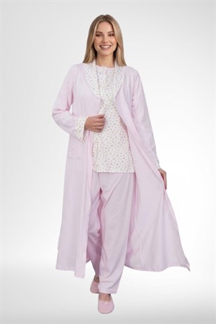 Mecit 6398 Pembe Kadın Uzun Sabahlıklı Boydan Düğmeli Pijama Takımı