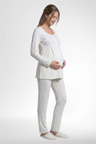 Mecit 6402 Elegant Ekru Dantel Pelerinli Lohusa Pijama Takımı