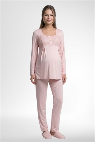 Mecit 6402 Elegant Pudra Pembe Dantel Pelerinli Lohusa Pijama Takımı