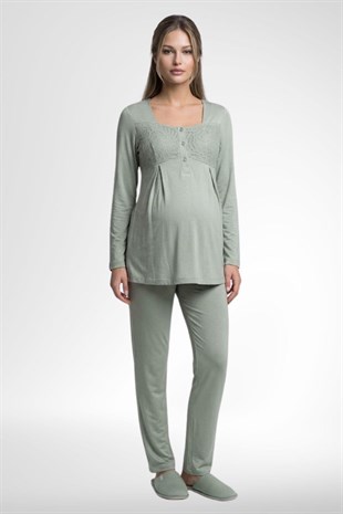 Mecit 6402 Elegant Yeşil Dantel Pelerinli Lohusa Pijama Takımı