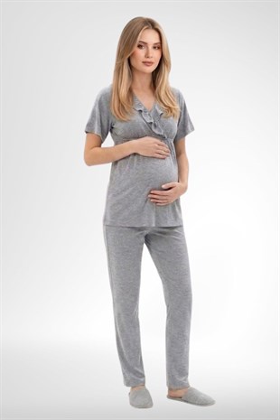 Mecit 6403 Gri Sabahlıklı Lohusa Pijama Takımı