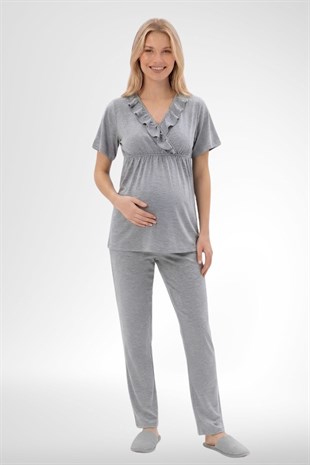 Mecit 6403 Gri Sabahlıklı Lohusa Pijama Takımı