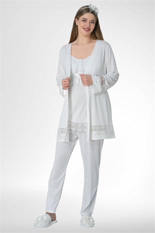 Mecit 6405 Ekru Sabahlıklı Lohusa Pijama Takımı