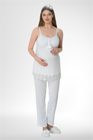 Mecit 6405 Ekru Sabahlıklı Lohusa Pijama Takımı
