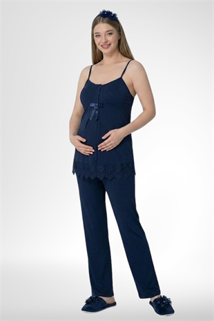 Mecit 6405 Lacivert Sabahlıklı Lohusa Pijama Takımı