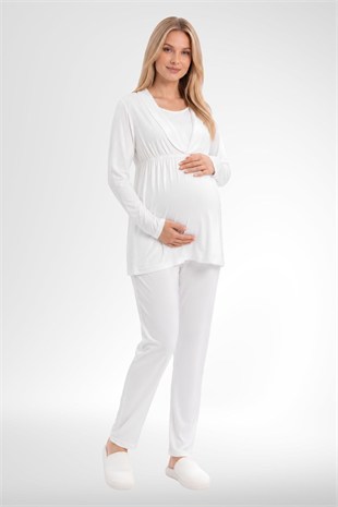 Mecit 6406 Ekru Dantel Sabahlıklı Lohusa Pijama Takımı