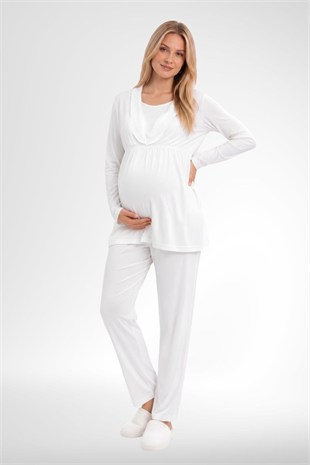 Mecit 6406 Ekru Dantel Sabahlıklı Lohusa Pijama Takımı