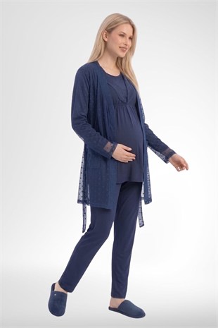 Mecit 6406 Lacivert Dantel Sabahlıklı Lohusa Pijama Takımı
