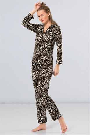 Türen Kadın Leopar Gömlek Yaka Önden Düğmeli Pijama Takımı 3261
