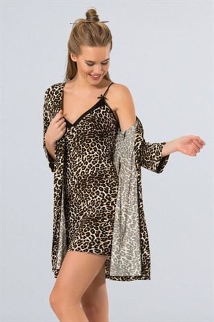 Türen Kadın Leopar Gecelik Sabahlık Takımı 3262