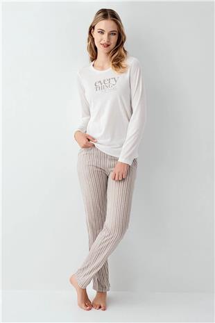Arnetta 3424 Kadın Beyaz Uzun Kollu Bisiklet Yaka Pijama Takımı