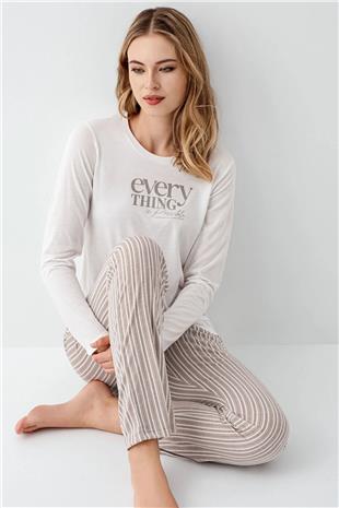 Arnetta 3424 Kadın Beyaz Uzun Kollu Bisiklet Yaka Pijama Takımı