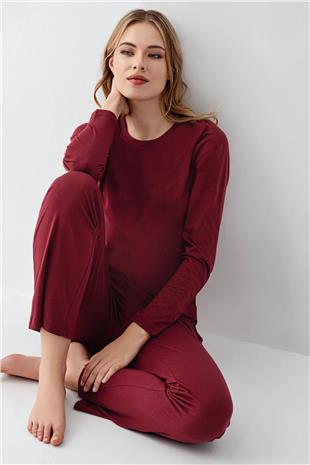 Arnetta 3446 Kadın Bordo Uzun Kollu Bisiklet Yaka Pijama Takımı