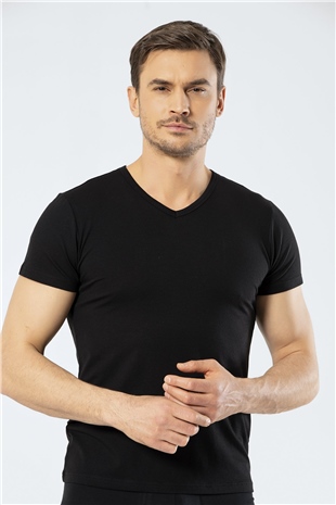 Cacharel 1306 Siyah Erkek V Yaka Kısa Kollu T-Shirt