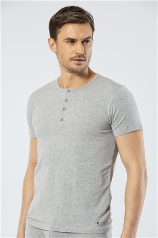 Cacharel 1308 Gri Melanj Erkek Düğmeli Kısa Kollu T-Shirt