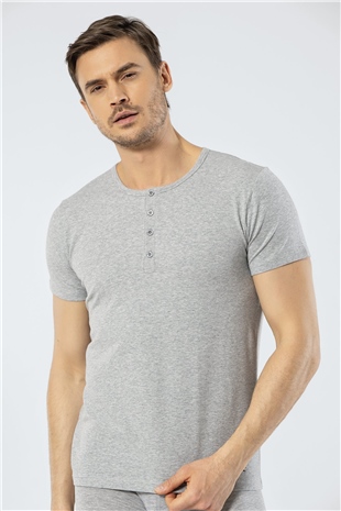 Cacharel 1308 Gri Melanj Erkek Düğmeli Kısa Kollu T-Shirt
