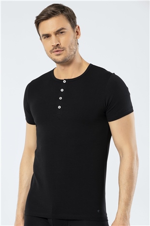 Cacharel 1308 Siyah Erkek Düğmeli Kısa Kollu T-Shirt