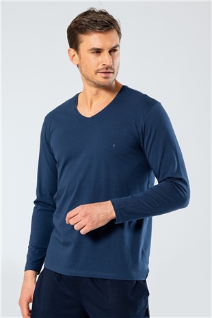Cacharel 1334 İndigo Erkek Erkek İndigo V Yaka Uzun Kollu Sweatshirt