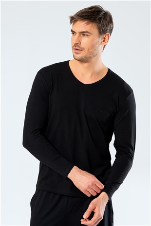 Cacharel 1334 Siyah Erkek Erkek Siyah V Yaka Uzun Kollu Sweatshirt