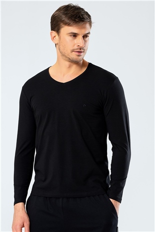 Cacharel 1334 Siyah Erkek Erkek Siyah V Yaka Uzun Kollu Sweatshirt