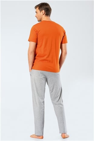 Cacharel 2198 Kiremit Erkek Baskılı V Yaka Pantolon Pijama Takımı