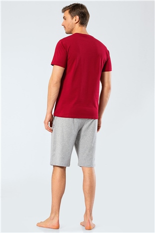 Cacharel 2199 Bordo Erkek Baskılı V Yaka Bermuda Şort Pijama Takım
