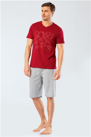 Cacharel 2199 Bordo Erkek Baskılı V Yaka Bermuda Şort Pijama Takım