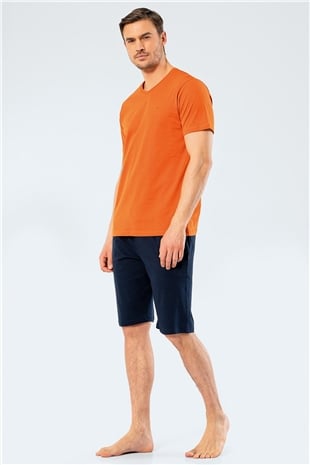 Cacharel 2206 Kiremit Erkek Nakışlı V Yaka Bermuda Şort Takımı