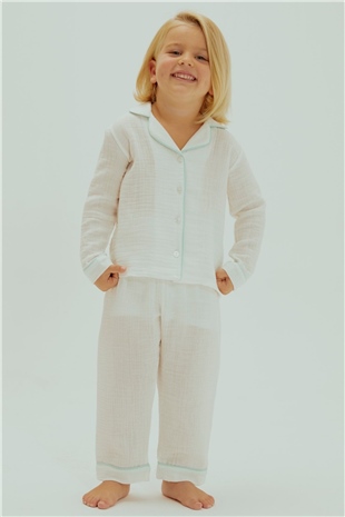 Erkek Çocuk Beyaz Organik Pamuk Müslin Biyeli Önden Düğmeli Pijama Takımı
