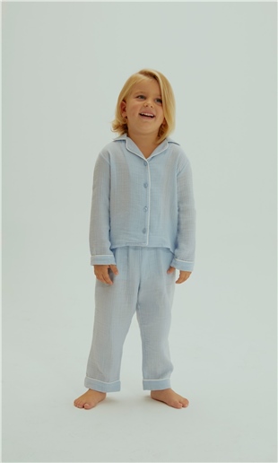 Erkek Çocuk Beyaz Organik Pamuk Müslin Biyeli Önden Düğmeli Pijama Takımı