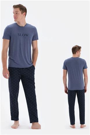 Eros 33020 Erkek İndigo Yuvarlak Yaka Kısa Kollu Pijama Takımı