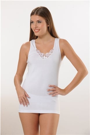 Hmd 2001 Beyaz %100 Pamuk Rahat Doku Kalın Askılı Güpür Detaylı Ribana Kadın Atlet