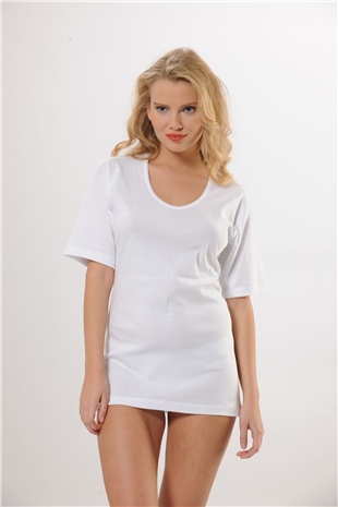Hmd 2009 Beyaz %100 Pamuk Rahat Doku Yaka Detaylı Kısa Kol Ribana Büyük Beden Kadın Atlet