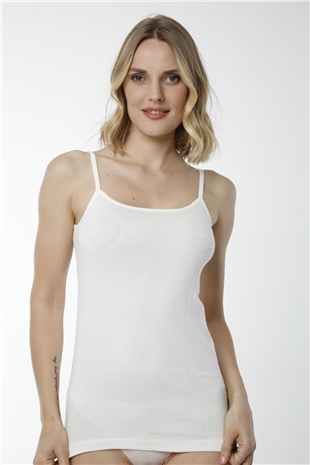 Hmd 2408 Ekru Pamuklu Likralı Rahat Doku İnce Askılı Kadın Atlet