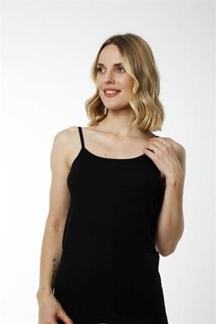 Hmd 2408 Siyah Pamuklu Likralı Rahat Doku İnce Askılı Kadın Atlet