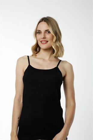 Hmd 2408 Siyah Pamuklu Likralı Rahat Doku İnce Askılı Kadın Atlet