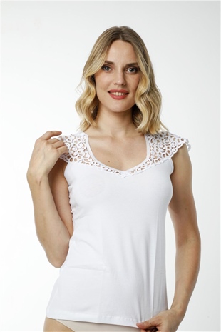 Hmd 2434 Beyaz 3lü Pamuklu Omuz Güpür Detaylı Sıfır Kol Kadın Atlet