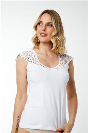 Hmd 2434 Beyaz 3lü Pamuklu Omuz Güpür Detaylı Sıfır Kol Kadın Atlet