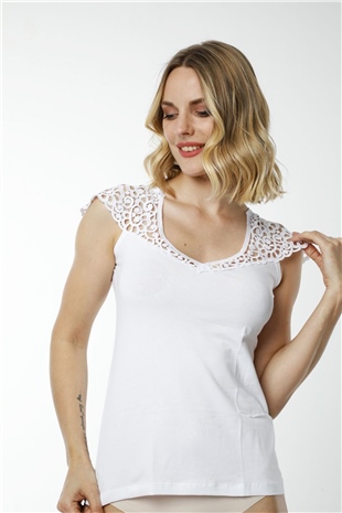 Hmd 2434 Beyaz 3lü Pamuklu Omuz Güpür Detaylı Sıfır Kol Kadın Atlet