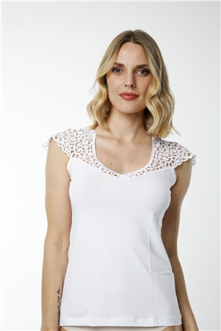 Hmd 2434 Beyaz Pamuklu Omuz Güpür Detaylı Sıfır Kol Kadın Atlet