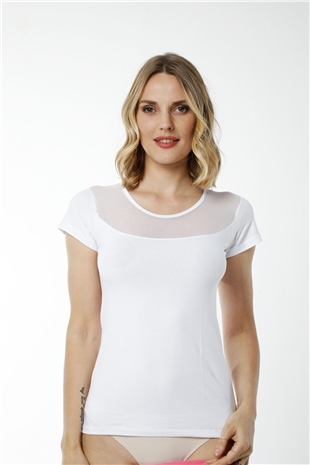 Hmd 2436 Beyaz 3lü Pamuklu Rahat Doku Göğüs Tül Detaylı Kısa Kol Kadın Atlet