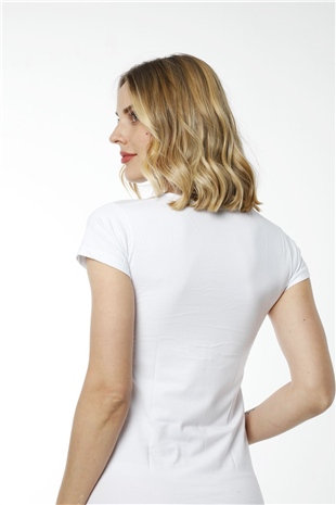 Hmd 2436 Beyaz Pamuklu Rahat Doku Göğüs Tül Detaylı Kısa Kol Kadın Atlet