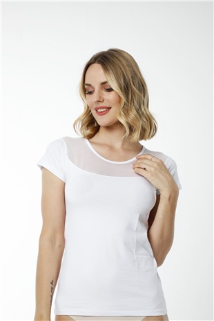 Hmd 2436 Beyaz Pamuklu Rahat Doku Göğüs Tül Detaylı Kısa Kol Kadın Atlet