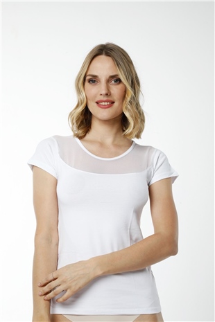 Hmd 2436 Beyaz Pamuklu Rahat Doku Göğüs Tül Detaylı Kısa Kol Kadın Atlet