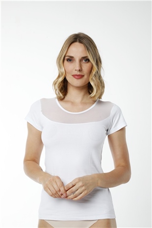 Hmd 2436 Beyaz Pamuklu Rahat Doku Göğüs Tül Detaylı Kısa Kol Kadın Atlet